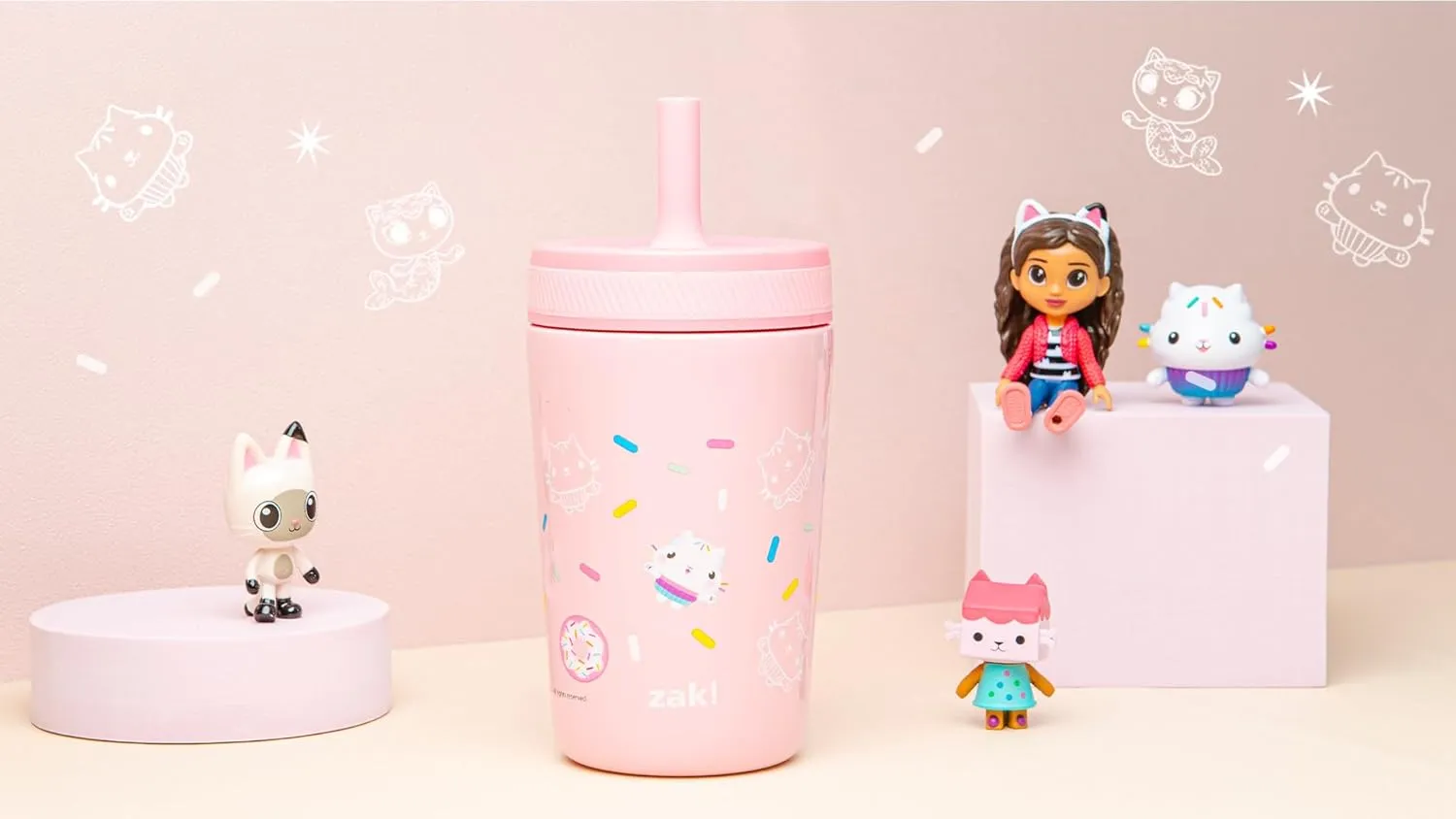 Zak Designs DreamWorks Gabby's Dollhouse Kelso Toddler Cups For Travel or At Home, 12oz Vacuum Insulated Stainless Steel Sippy Cup With Leak-Proof Design is Perfect For Kids (Cakey Cat)