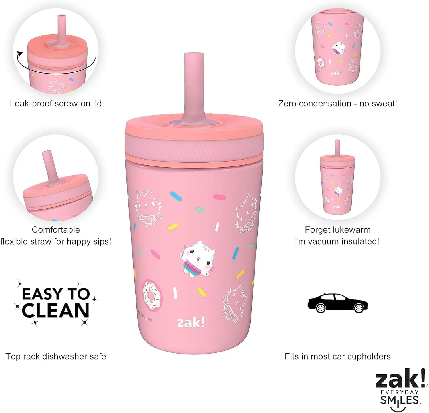 Zak Designs DreamWorks Gabby's Dollhouse Kelso Toddler Cups For Travel or At Home, 12oz Vacuum Insulated Stainless Steel Sippy Cup With Leak-Proof Design is Perfect For Kids (Cakey Cat)