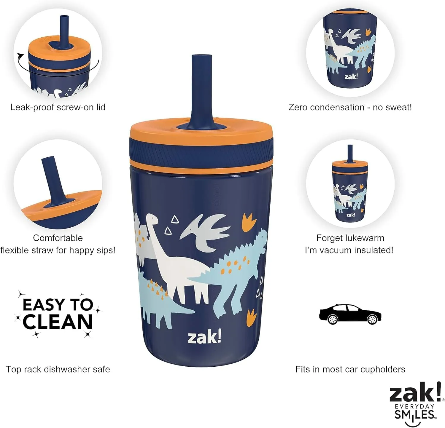 Zak Designs Kelso Toddler Cups For Travel or At Home, 12oz Vacuum Insulated Stainless Steel Sippy Cup With Leak-Proof Design is Perfect For Kids (Zaksaurus)
