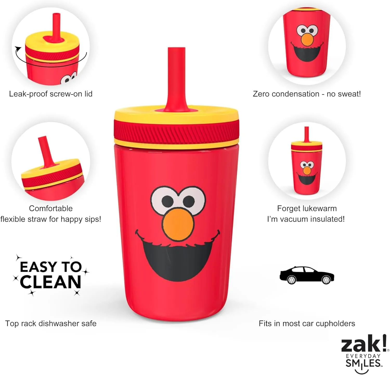 Zak Designs Sesame Street Kelso Toddler Cups For Travel or At Home, 12oz Vacuum Insulated Stainless Steel Sippy Cup With Leak-Proof Design is Perfect For Kids (Elmo)