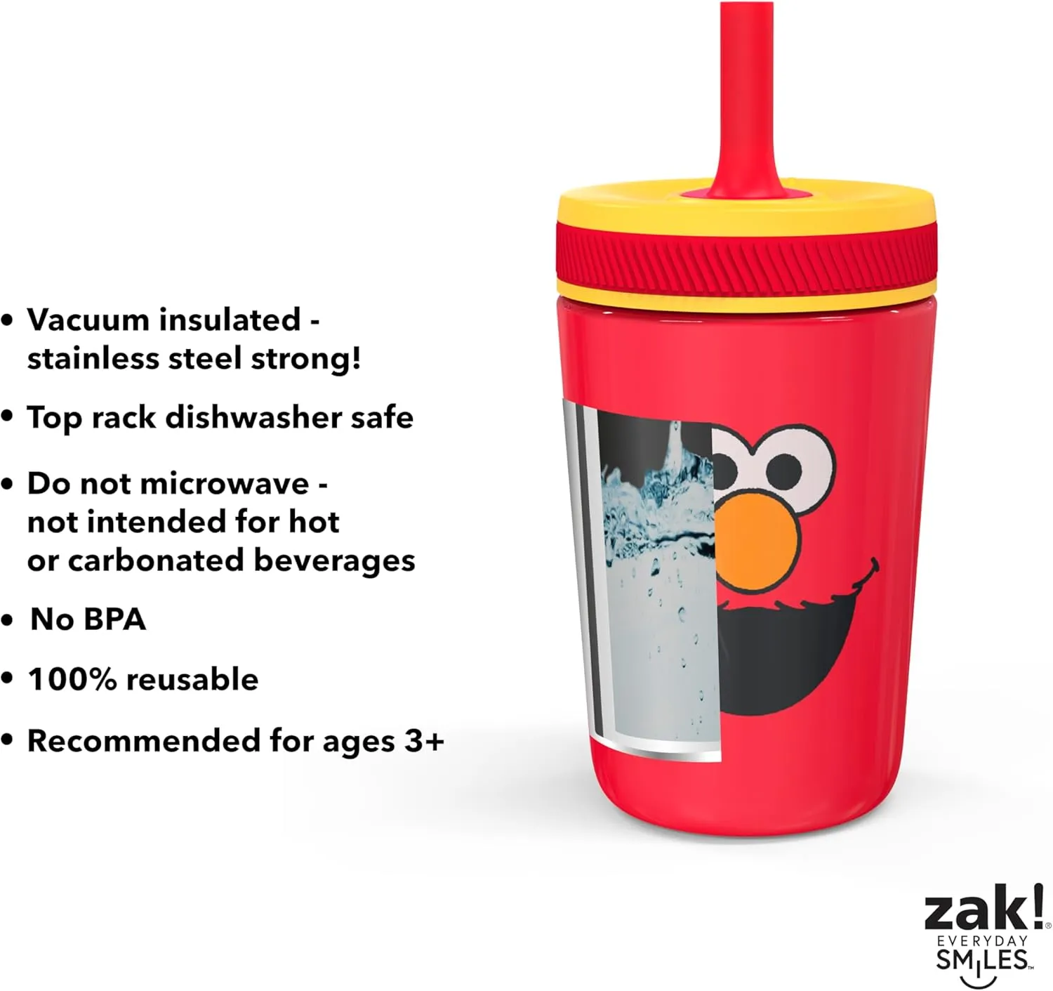 Zak Designs Sesame Street Kelso Toddler Cups For Travel or At Home, 12oz Vacuum Insulated Stainless Steel Sippy Cup With Leak-Proof Design is Perfect For Kids (Elmo)