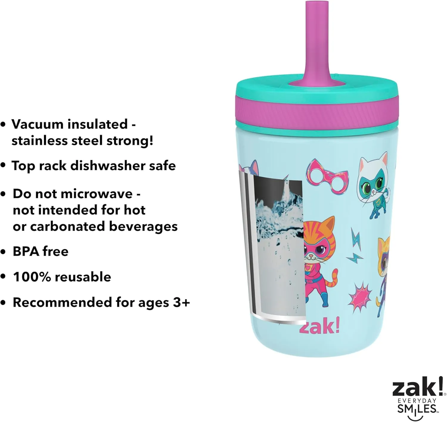 Zak Designs SuperKitties Kelso Toddler Cups For Travel or At Home, 12oz Vacuum Insulated Stainless Steel Sippy Cup With Leak-Proof Design is Perfect For Kids (Ginny, Sparks, Buddy, Bitsy)
