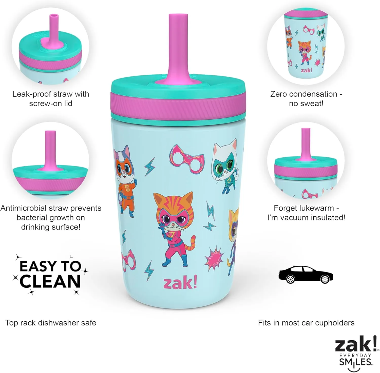 Zak Designs SuperKitties Kelso Toddler Cups For Travel or At Home, 12oz Vacuum Insulated Stainless Steel Sippy Cup With Leak-Proof Design is Perfect For Kids (Ginny, Sparks, Buddy, Bitsy)