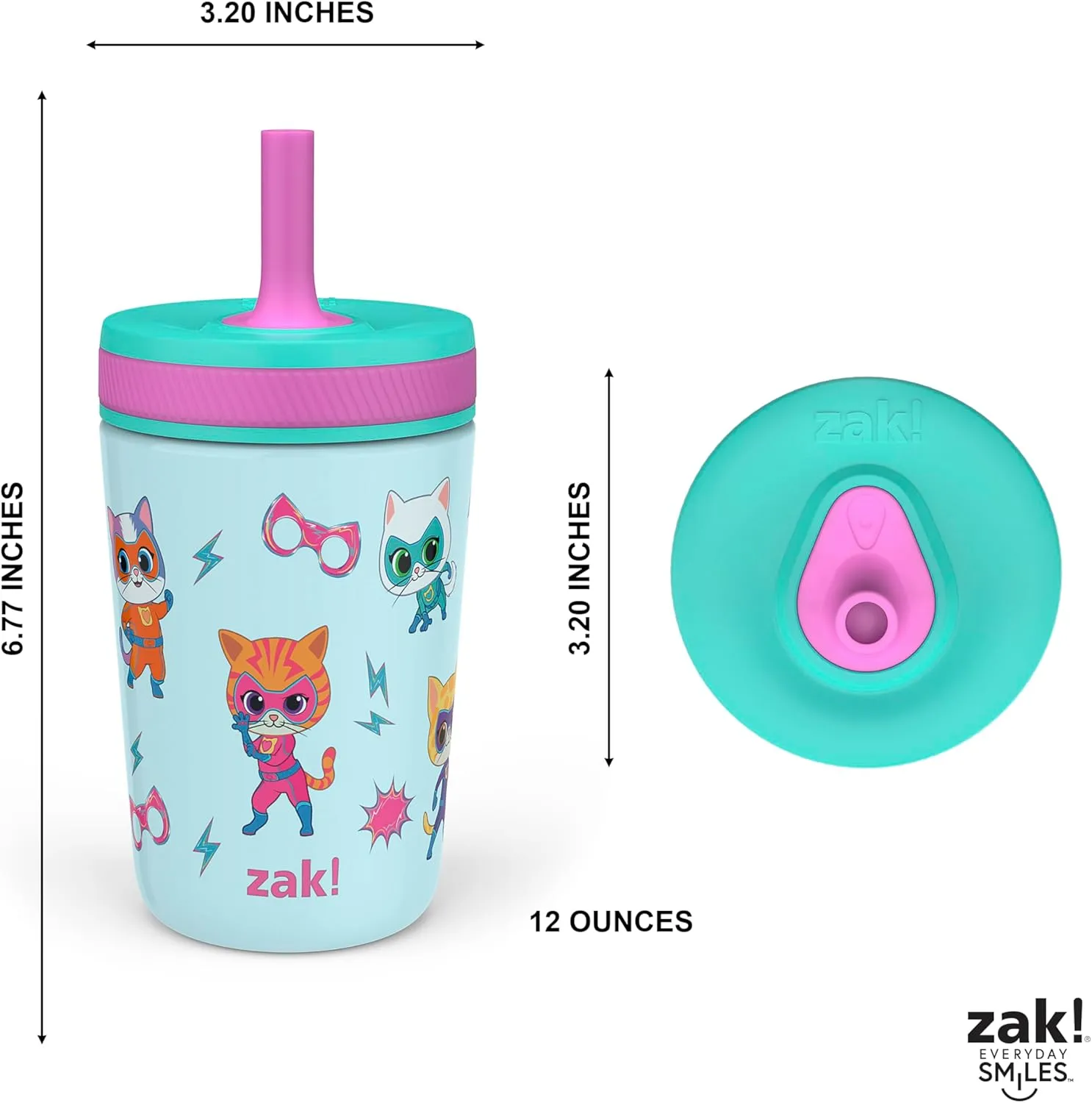 Zak Designs SuperKitties Kelso Toddler Cups For Travel or At Home, 12oz Vacuum Insulated Stainless Steel Sippy Cup With Leak-Proof Design is Perfect For Kids (Ginny, Sparks, Buddy, Bitsy)
