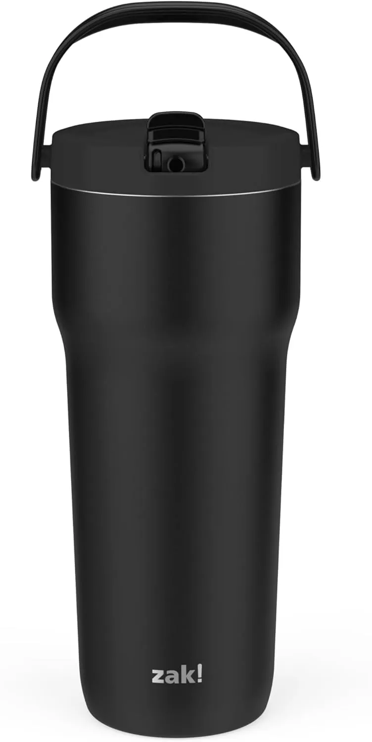 Zak Designs Sutton Travel Tumbler for On the Go, 30oz Stainless Steel with Vacuum Insulation, Straw Spout, Carry Handle for Cold Drinks (Ebony Black)