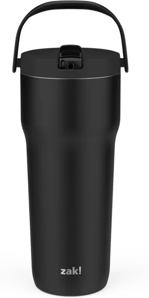 Zak Designs Sutton Travel Tumbler for On the Go, 30oz Stainless Steel with Vacuum Insulation, Straw Spout, Carry Handle for Cold Drinks (Ebony Black)