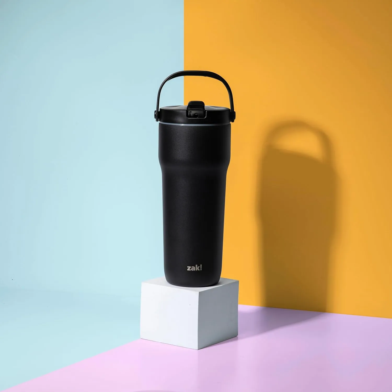 Zak Designs Sutton Travel Tumbler for On the Go, 30oz Stainless Steel with Vacuum Insulation, Straw Spout, Carry Handle for Cold Drinks (Ebony Black)