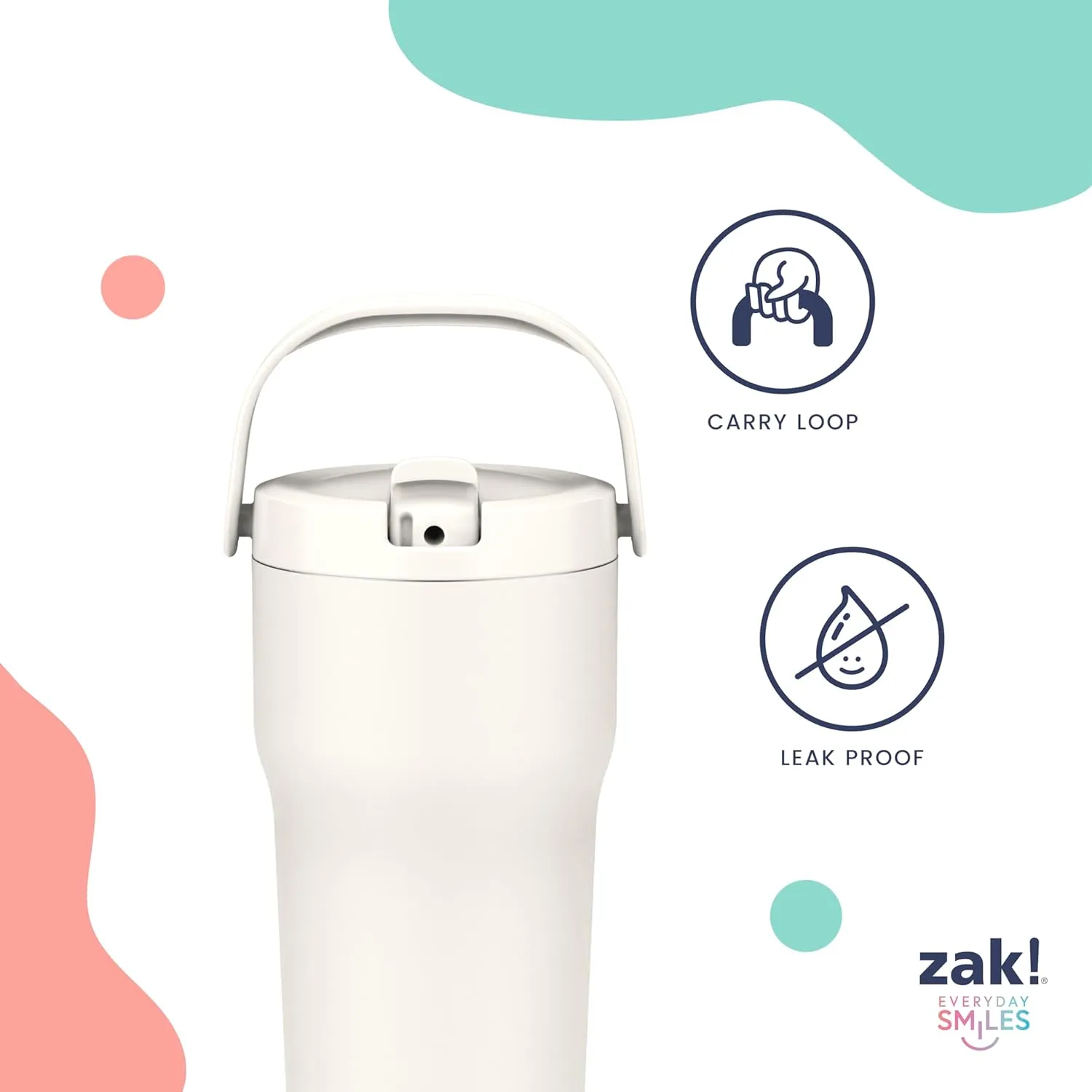 Zak Designs Sutton Travel Tumbler for On the Go, 30oz Stainless Steel with Vacuum Insulation, Straw Spout, Carry Handle for Cold Drinks (Icicle Mint Green)
