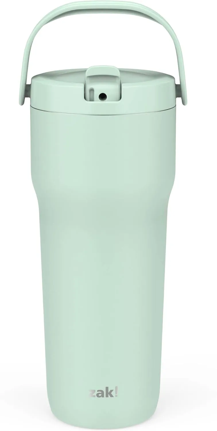 Zak Designs Sutton Travel Tumbler for On the Go, 30oz Stainless Steel with Vacuum Insulation, Straw Spout, Carry Handle for Cold Drinks (Icicle Mint Green)
