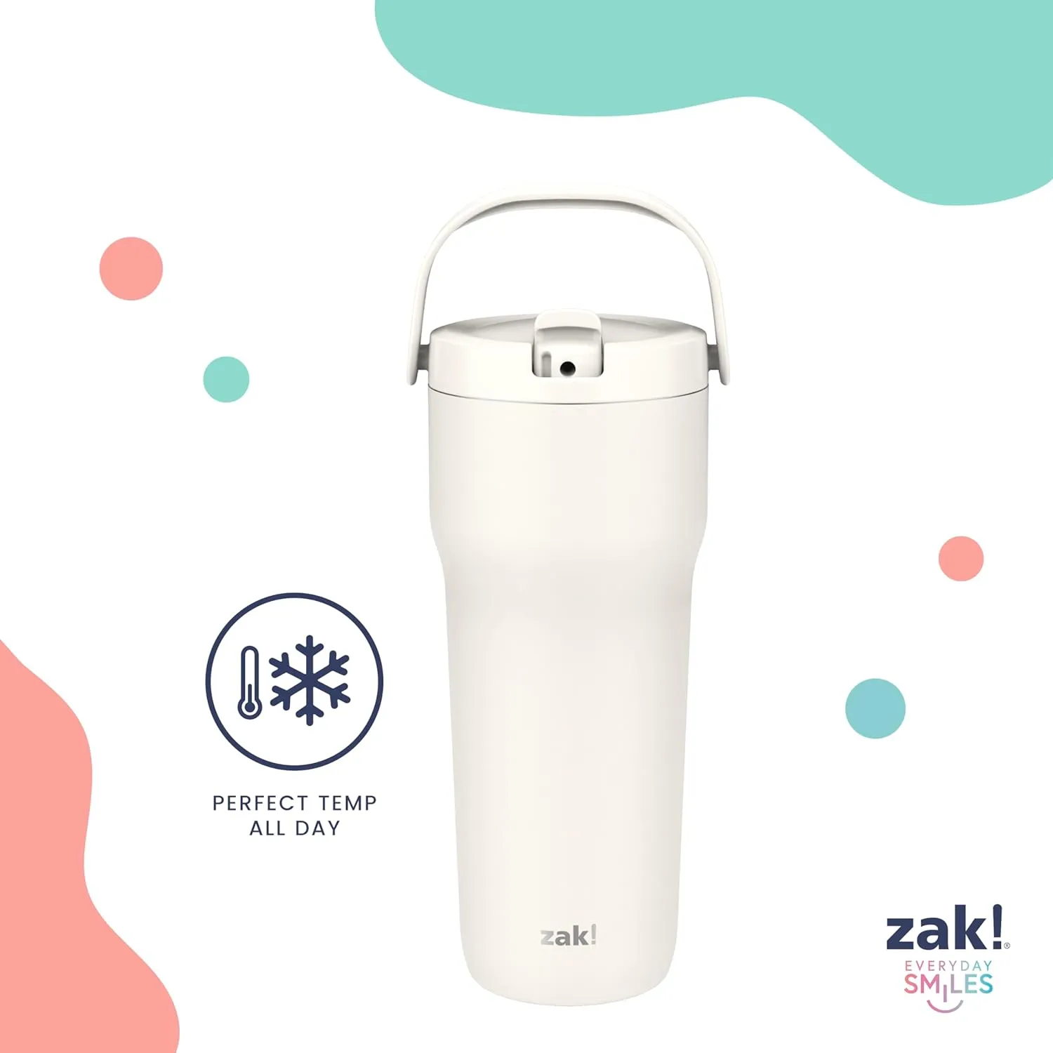 Zak Designs Sutton Travel Tumbler for On the Go, 30oz Stainless Steel with Vacuum Insulation, Straw Spout, Carry Handle for Cold Drinks (Icicle Mint Green)