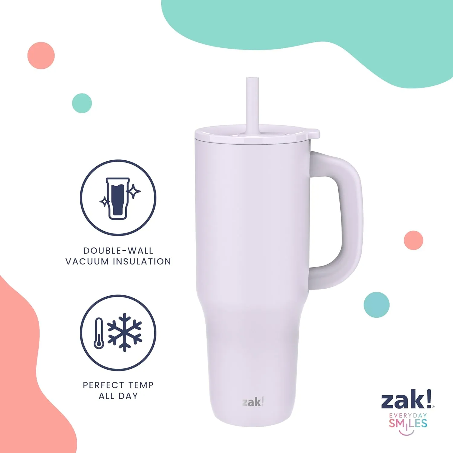 Zak Designs Sutton Travel Tumbler for On the Go, 40oz Stainless Steel with Vacuum Insulation, Silicone Straw, and Carry Handle for Cold Drinks (Cream White)
