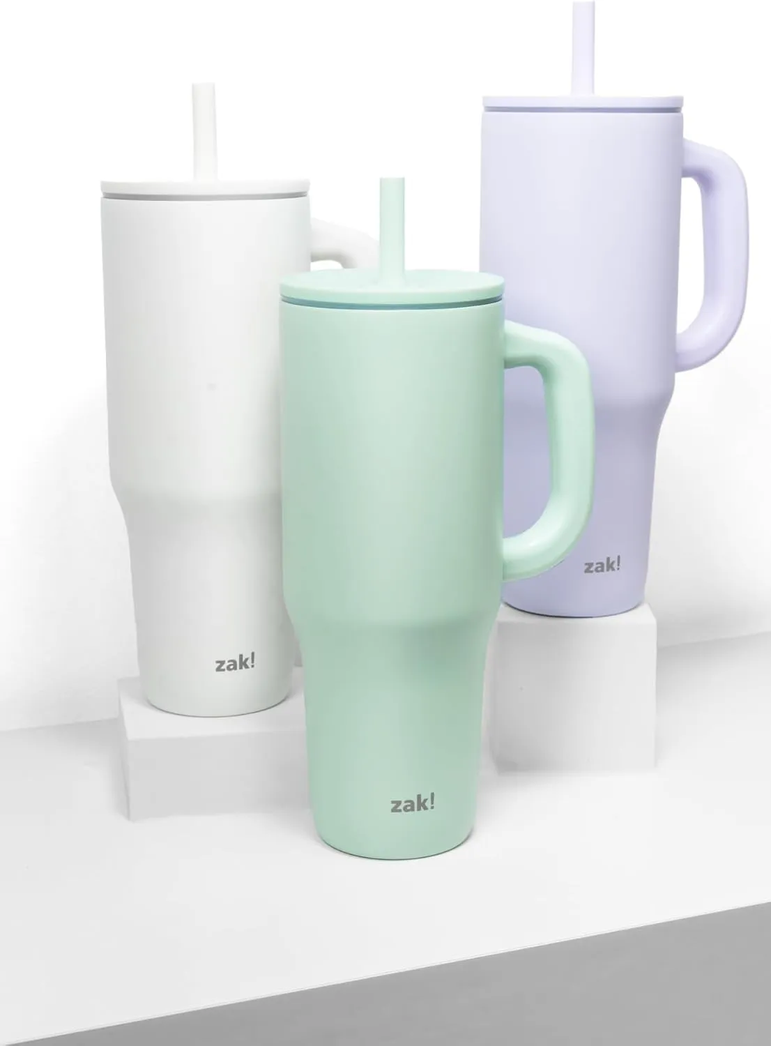Zak Designs Sutton Travel Tumbler for On the Go, 40oz Stainless Steel with Vacuum Insulation, Silicone Straw, and Carry Handle for Cold Drinks (Cream White)