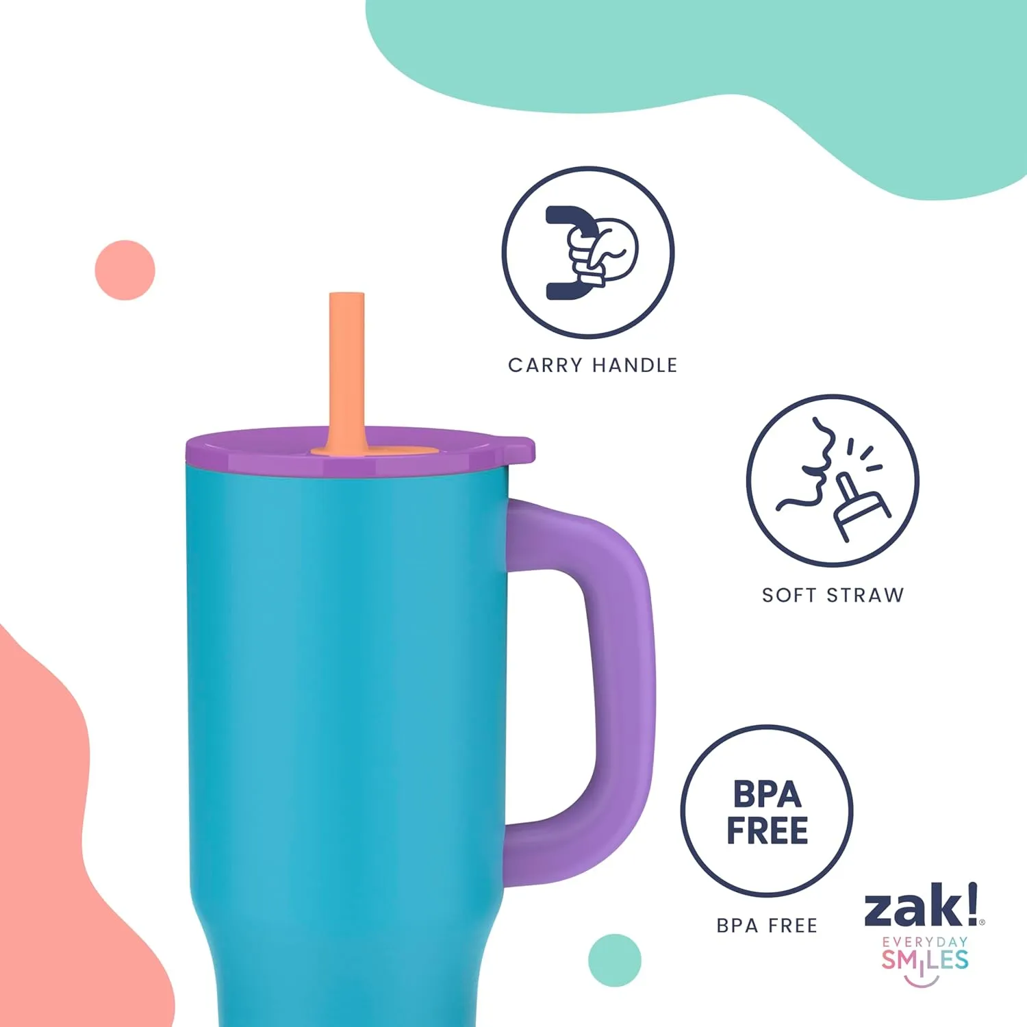 Zak Designs Sutton Travel Tumbler for On the Go, 40oz Stainless Steel with Vacuum Insulation, Silicone Straw, and Carry Handle for Cold Drinks (Cream White)