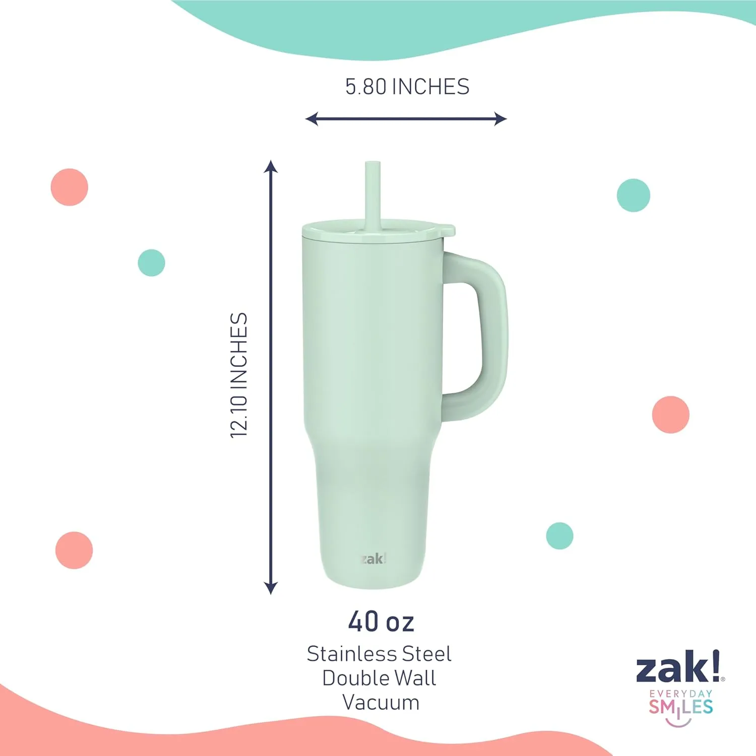 Zak Designs Sutton Travel Tumbler for On the Go, 40oz Stainless Steel with Vacuum Insulation, Silicone Straw, and Carry Handle for Cold Drinks (Icicle Mint Green)