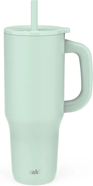 Zak Designs Sutton Travel Tumbler for On the Go, 40oz Stainless Steel with Vacuum Insulation, Silicone Straw, and Carry Handle for Cold Drinks (Icicle Mint Green)