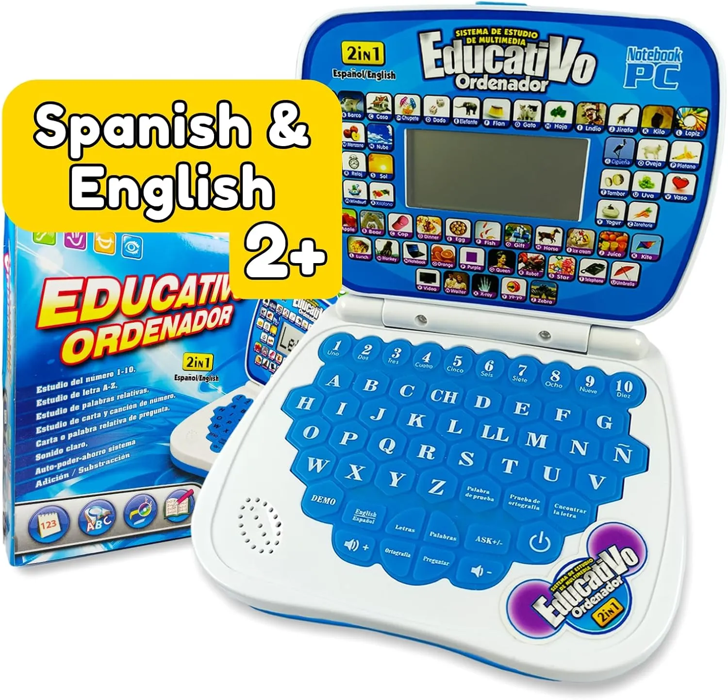 ZEENKIND Spanish & English Small Talking Laptop Toy for Kids 2 3 4 Years Old, Learn Spanish Alphabet Numbers Words Spelling Math, Interactive Bilingual Learning Laptop Toys for Toddlers