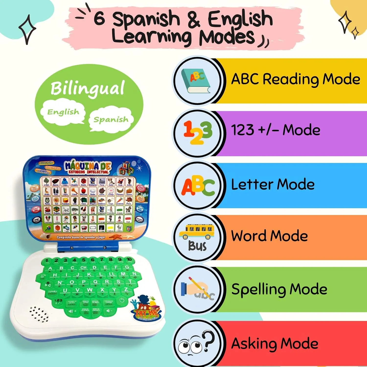 ZEENKIND Spanish & English Small Talking Laptop Toy for Kids 2 3 4 Years Old, Learn Spanish Alphabet Numbers Words Spelling Math, Interactive Bilingual Learning Laptop Toys for Toddlers