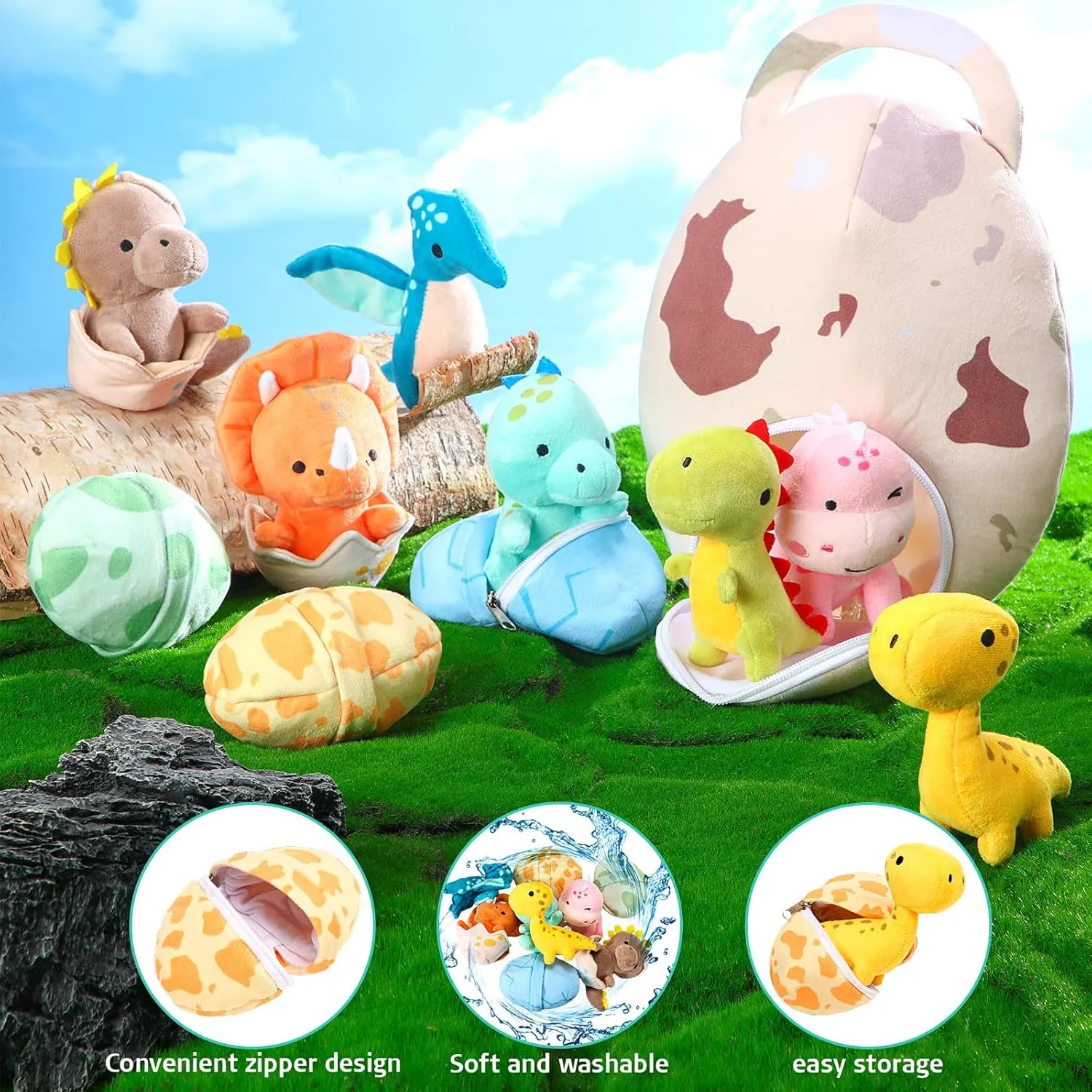 Zhanmai 11 Pcs Easter Dinosaur Stuffed Animal Small Dino Plush Toy and Egg Bag Set Cute Stuffed Dinosaur Animals Plush Toys Soft Stuff Animals for Birthday Dino Themed Party(Cute)