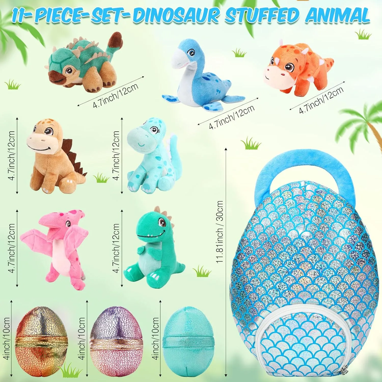 Zhanmai 11 Pcs Easter Dinosaur Stuffed Animal Small Dino Plush Toy and Egg Bag Set Cute Stuffed Dinosaur Animals Plush Toys Soft Stuff Animals for Birthday Dino Themed Party(Sequin)