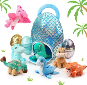 Zhanmai 11 Pcs Easter Dinosaur Stuffed Animal Small Dino Plush Toy and Egg Bag Set Cute Stuffed Dinosaur Animals Plush Toys Soft Stuff Animals for Birthday Dino Themed Party(Sequin)
