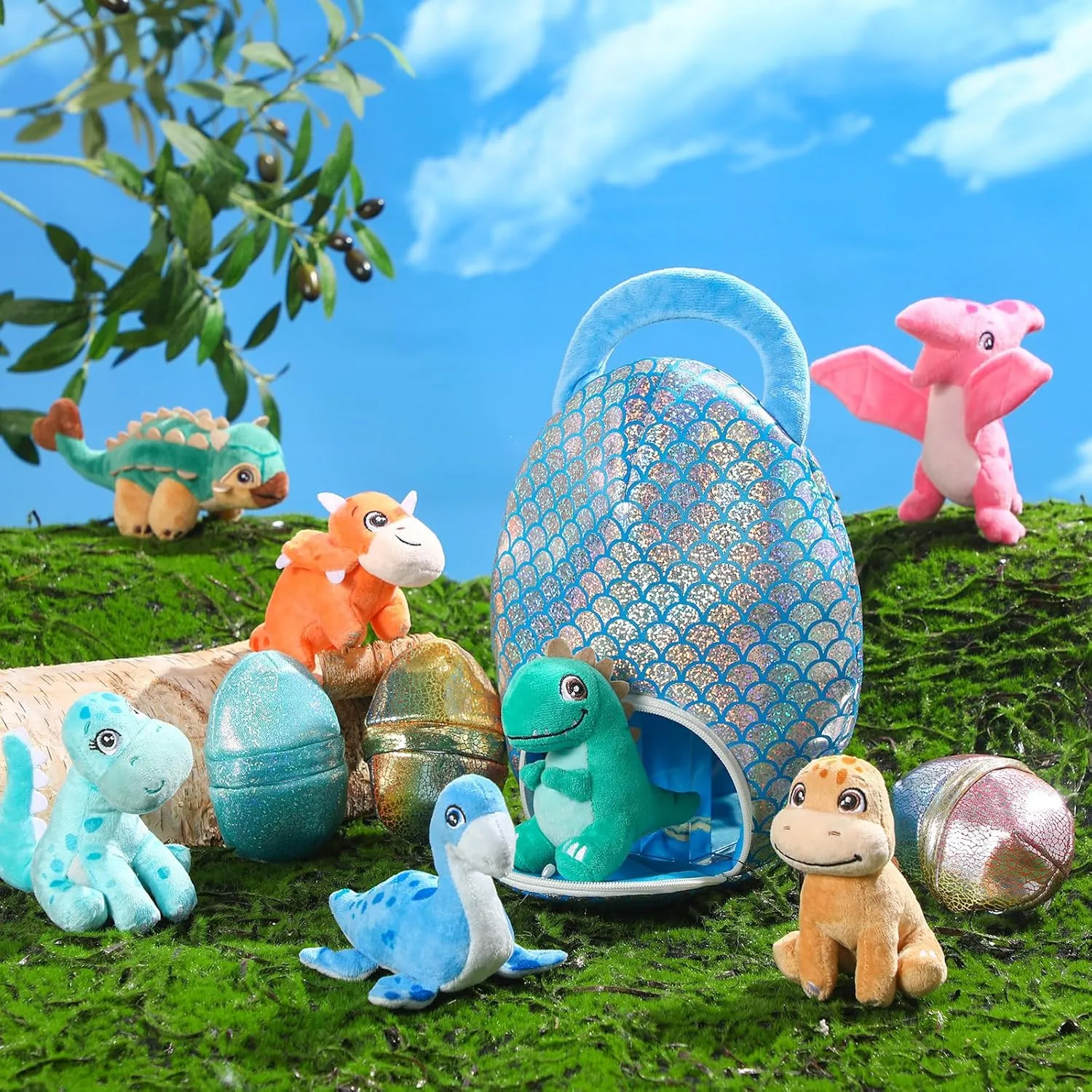 Zhanmai 11 Pcs Easter Dinosaur Stuffed Animal Small Dino Plush Toy and Egg Bag Set Cute Stuffed Dinosaur Animals Plush Toys Soft Stuff Animals for Birthday Dino Themed Party(Sequin)
