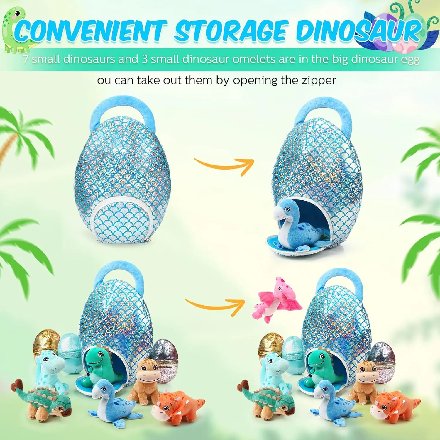 Zhanmai 11 Pcs Easter Dinosaur Stuffed Animal Small Dino Plush Toy and Egg Bag Set Cute Stuffed Dinosaur Animals Plush Toys Soft Stuff Animals for Birthday Dino Themed Party(Sequin)