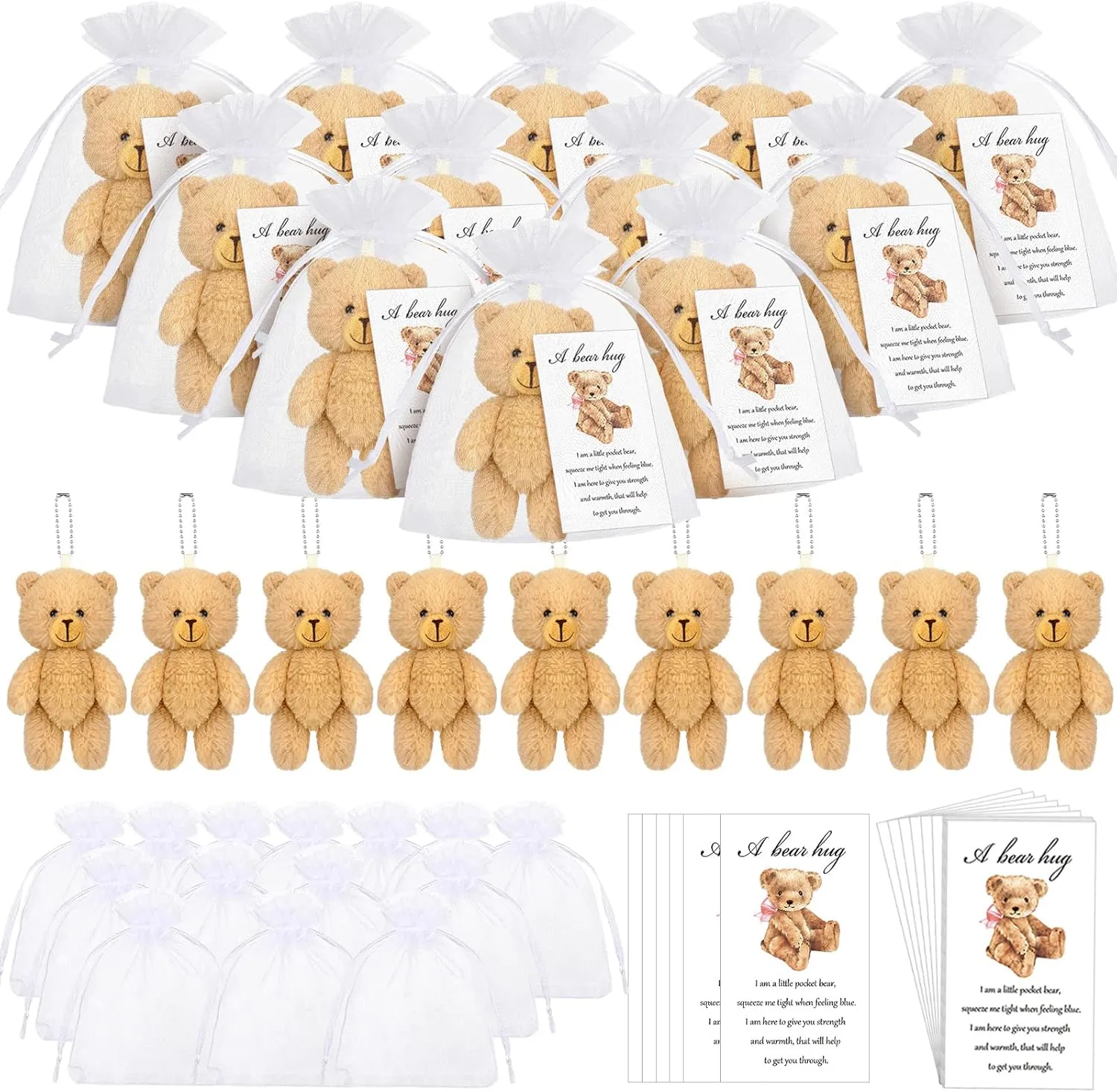 Zhanmai 60 Sets Mini Plush Bears Little Pocket Bears Sympathy Gift for Kids Family Grieving Memorial Comfort Keepsake Inspirational Bear Hug Cards White Organza Bags