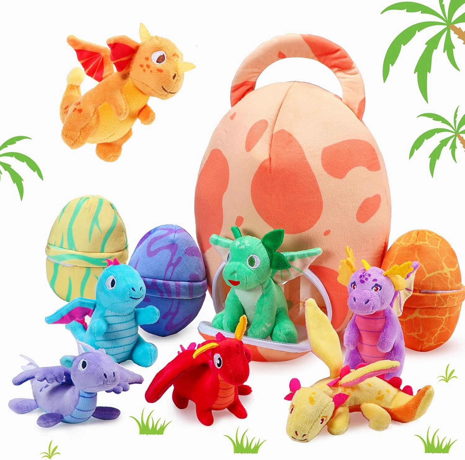 Zhanmai 11 Pcs Easter Dinosaur Stuffed Animal Small Dino Plush Toy and Egg Bag Set Cute Stuffed Dinosaur Animals Plush Toys Soft Stuff Animals for Birthday Dino Themed Party(Vivid)