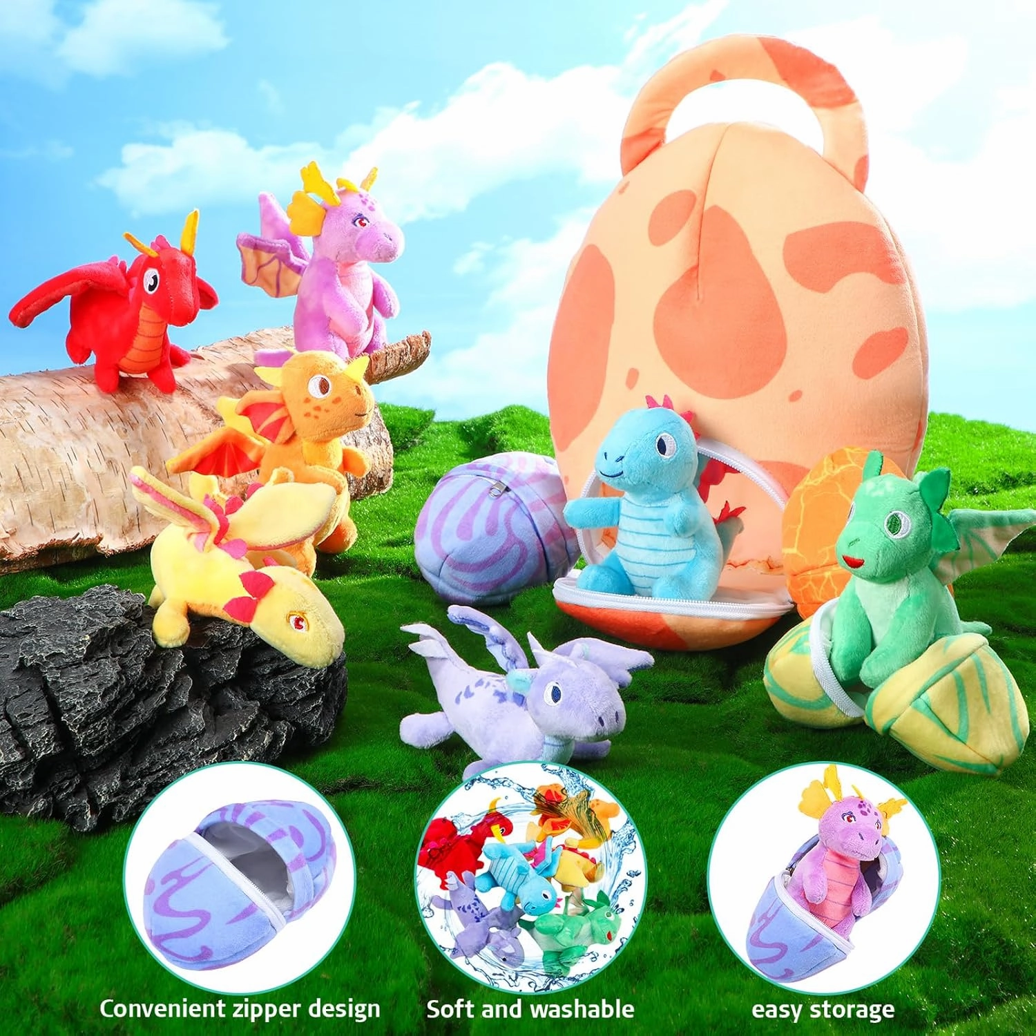 Zhanmai 11 Pcs Easter Dinosaur Stuffed Animal Small Dino Plush Toy and Egg Bag Set Cute Stuffed Dinosaur Animals Plush Toys Soft Stuff Animals for Birthday Dino Themed Party(Vivid)