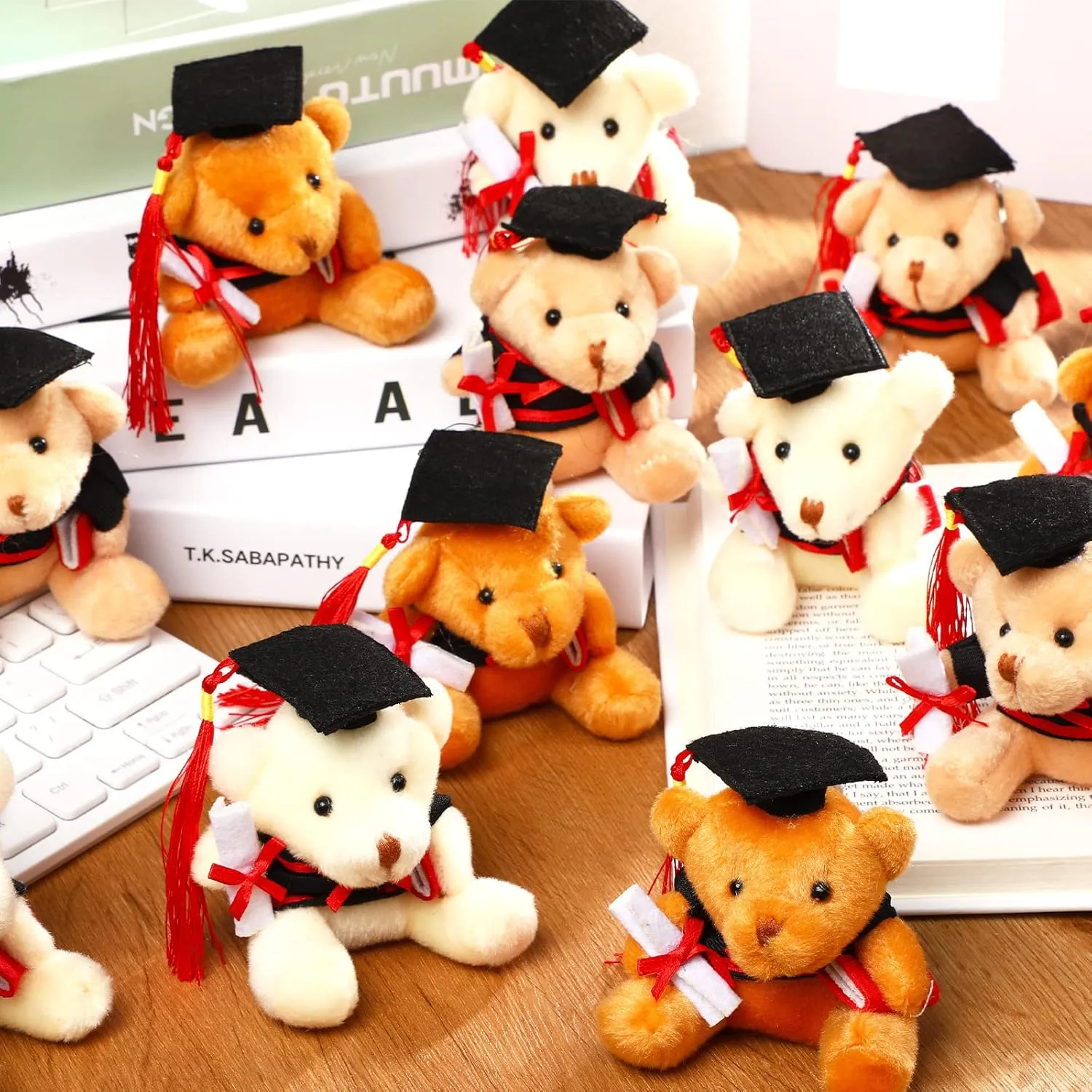 Zomiboo 24 Pcs Graduation Bears Class of 2025 Bulk 3. 54 Inches Mini Graduation Plush Tiny Grad Bear Stuffed Animals with Cap for Preschool Kindergarten Ceremony School Party Gifts(Black Cap)