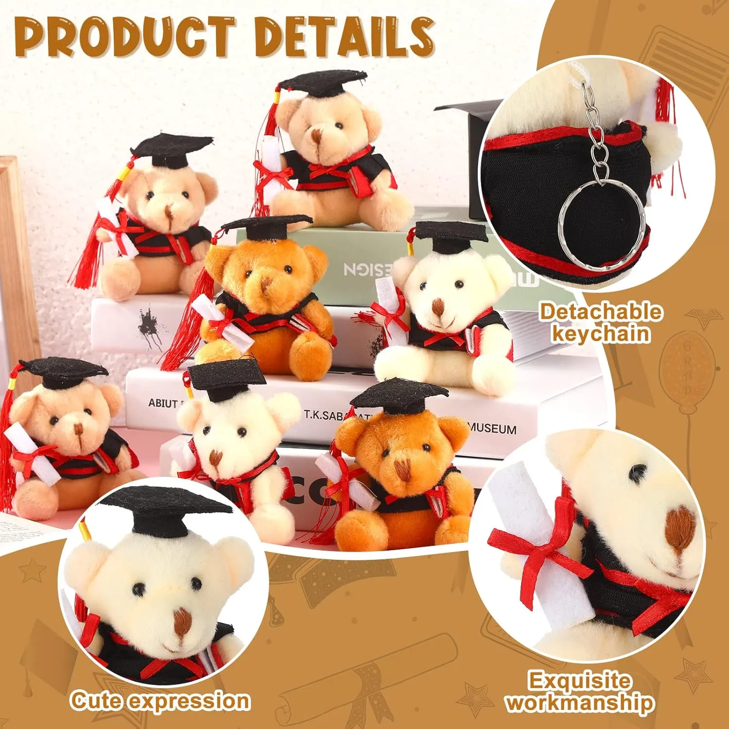 Zomiboo 24 Pcs Graduation Bears Class of 2025 Bulk 3. 54 Inches Mini Graduation Plush Tiny Grad Bear Stuffed Animals with Cap for Preschool Kindergarten Ceremony School Party Gifts(Black Cap)