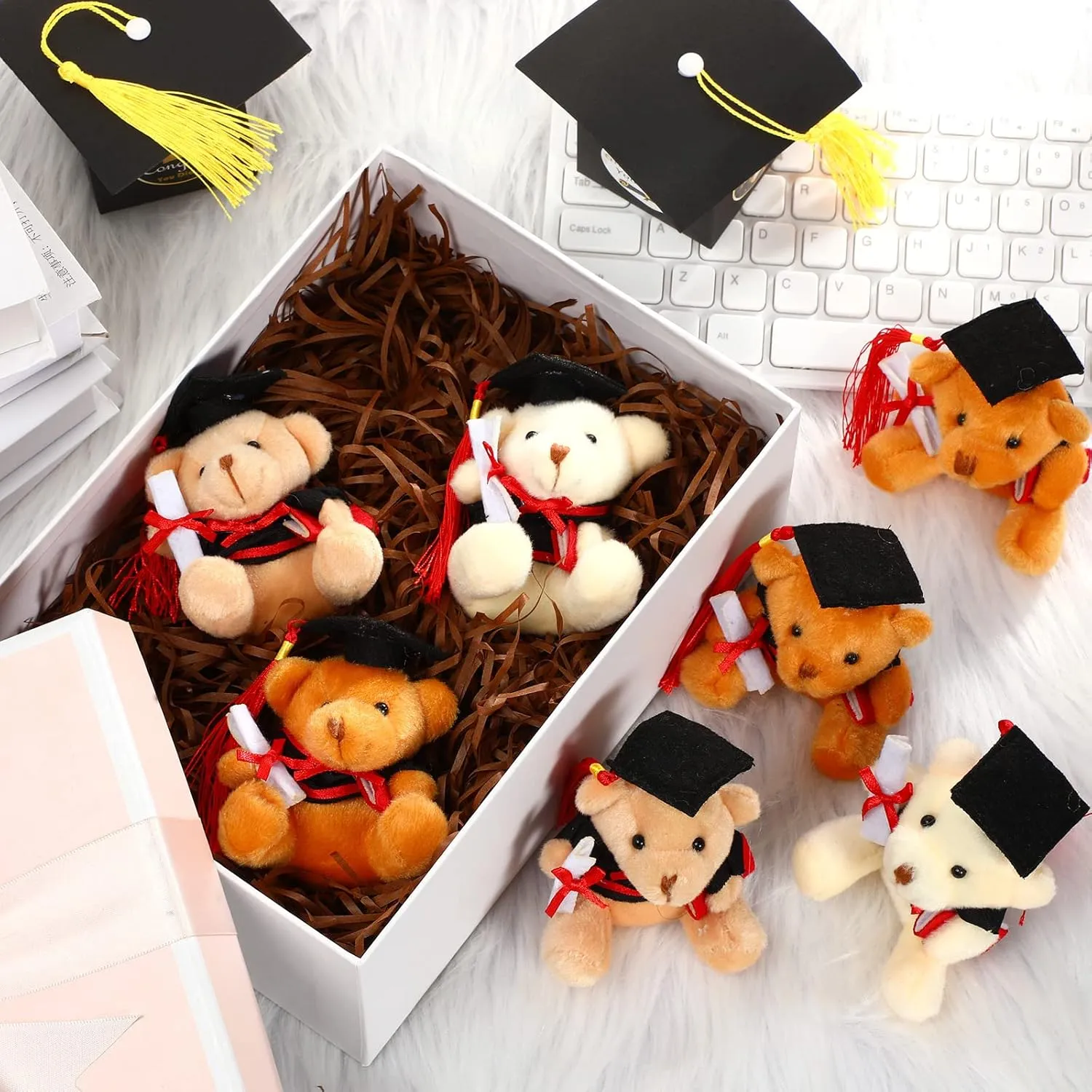 Zomiboo 24 Pcs Graduation Bears Class of 2025 Bulk 3. 54 Inches Mini Graduation Plush Tiny Grad Bear Stuffed Animals with Cap for Preschool Kindergarten Ceremony School Party Gifts(Black Cap)