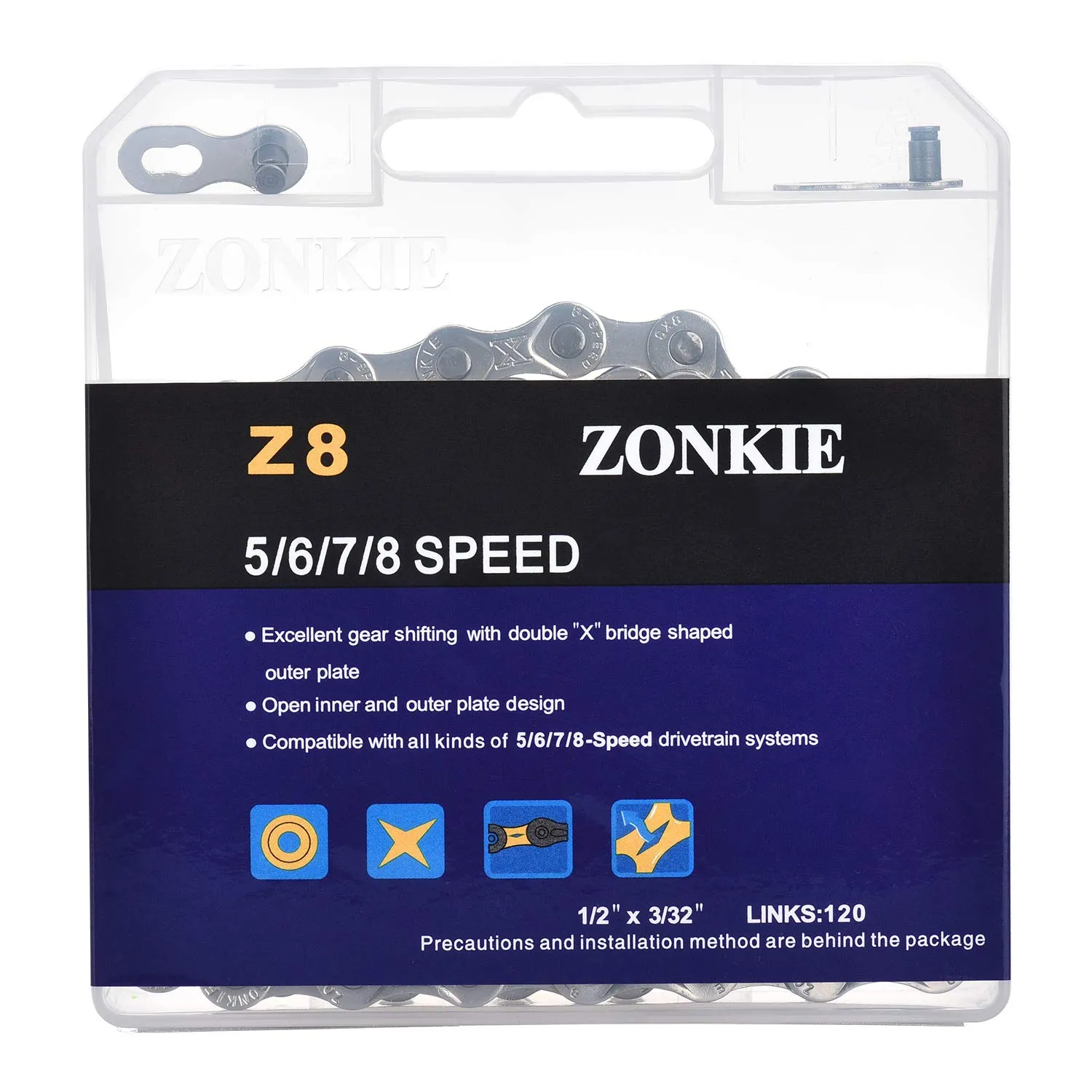 ZONKIE 8-Speed Silver 120 Link Bicycle Chain Compatible with Shimano, SRAM, Campagnolo and All Major Systems, 5/6/7/8-Speed Bicycle Chain, Bike Chain Replacement, 1/2 x 3/32 Inch, 120 Links